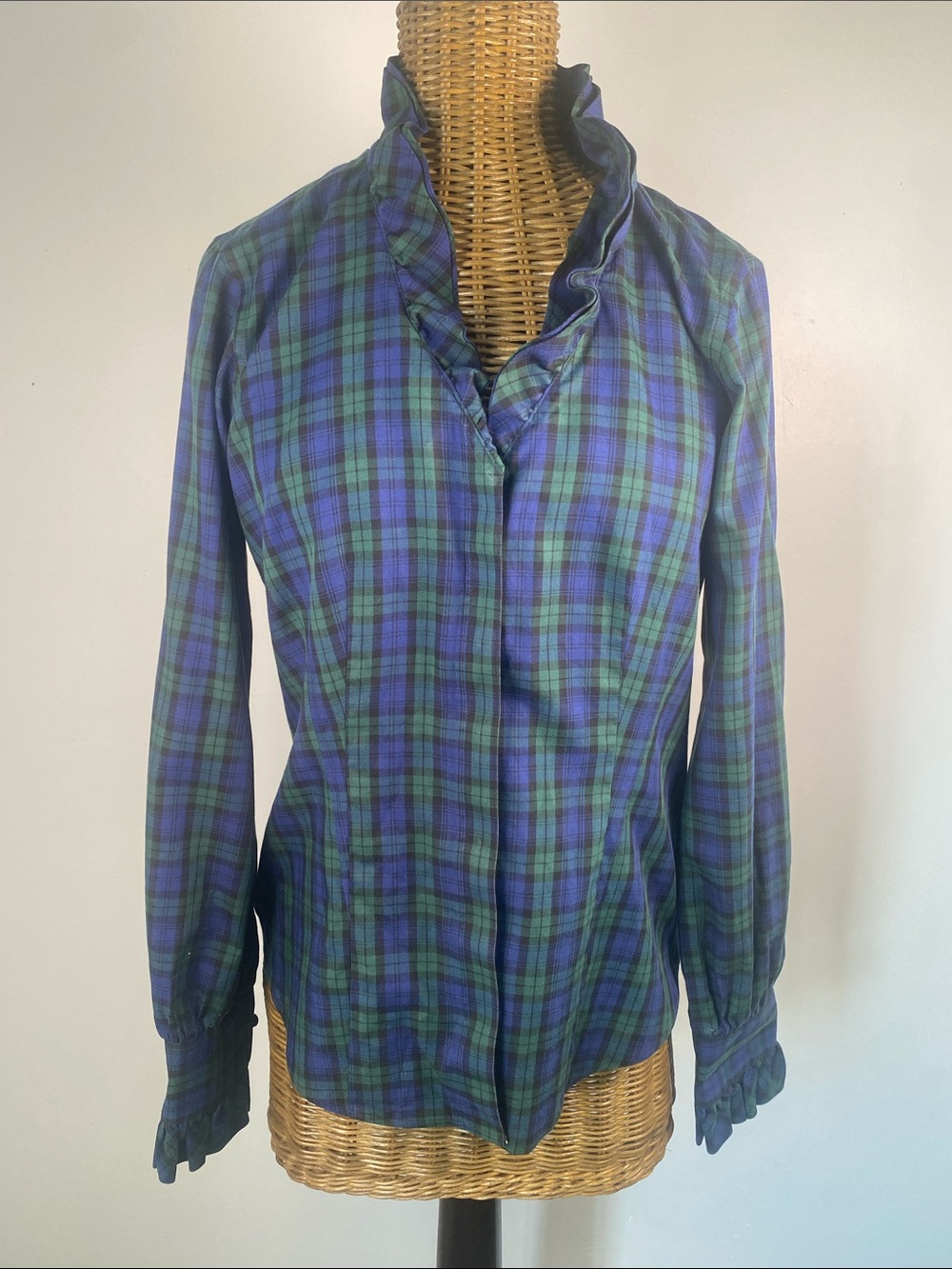 Brooks Brothers Green & Blue Plaid Ruffle-Neck Button Down